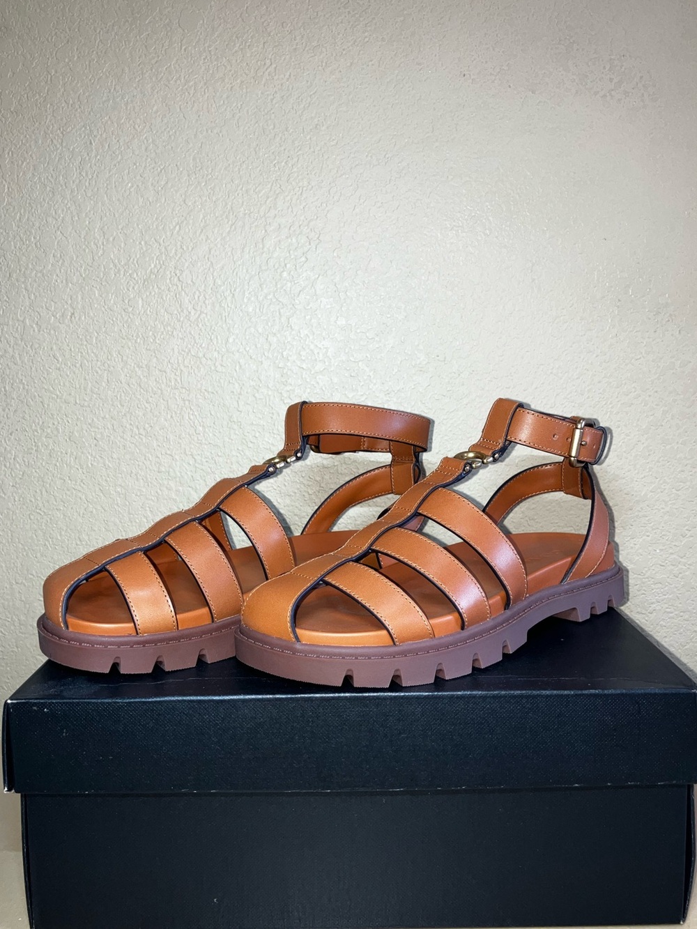 Coach Tan Leather Fisherman Sandals with Brown Lug Sole